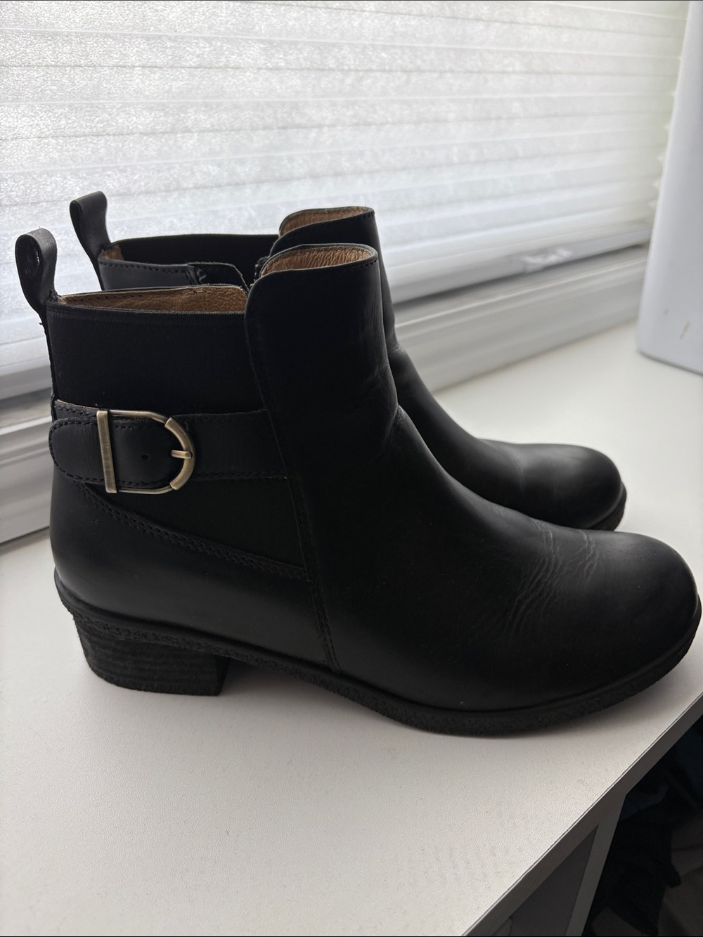 Dansko Black Leather Ankle Booties with Buckle Accent